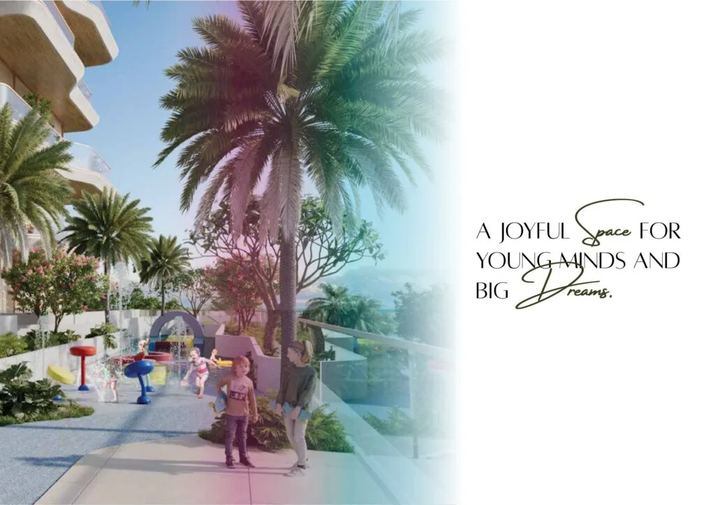 Outdoor play area with palm trees and children playing
