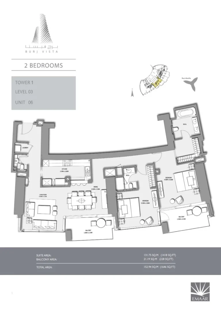 Burj Vista floor plan 2 BR · 1646 sqft