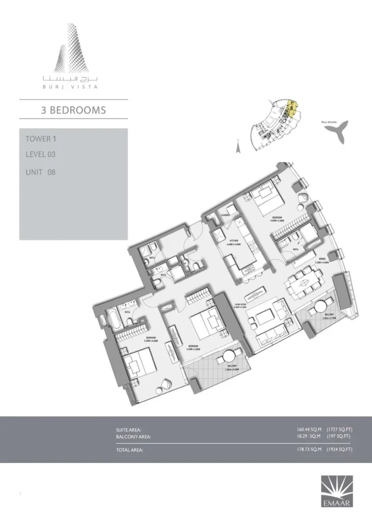 Burj Vista floor plan 3 BR · 1924 sqft