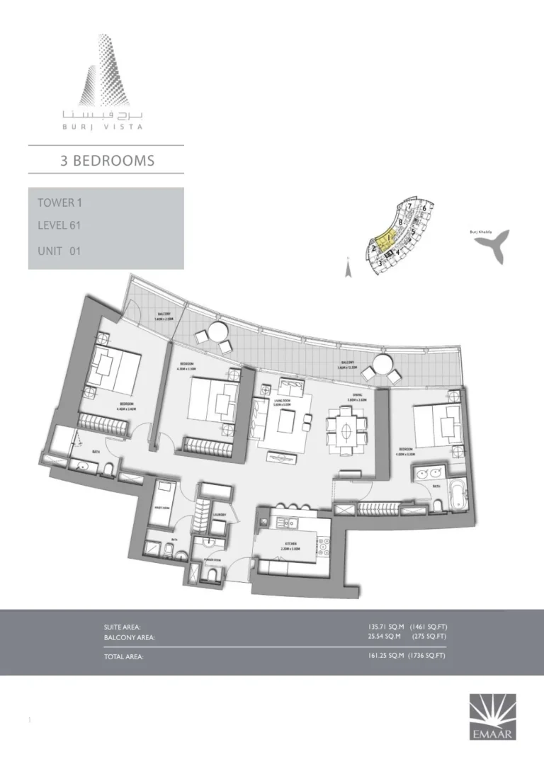 Burj Vista floor plan 3 BR · 1736 sqft