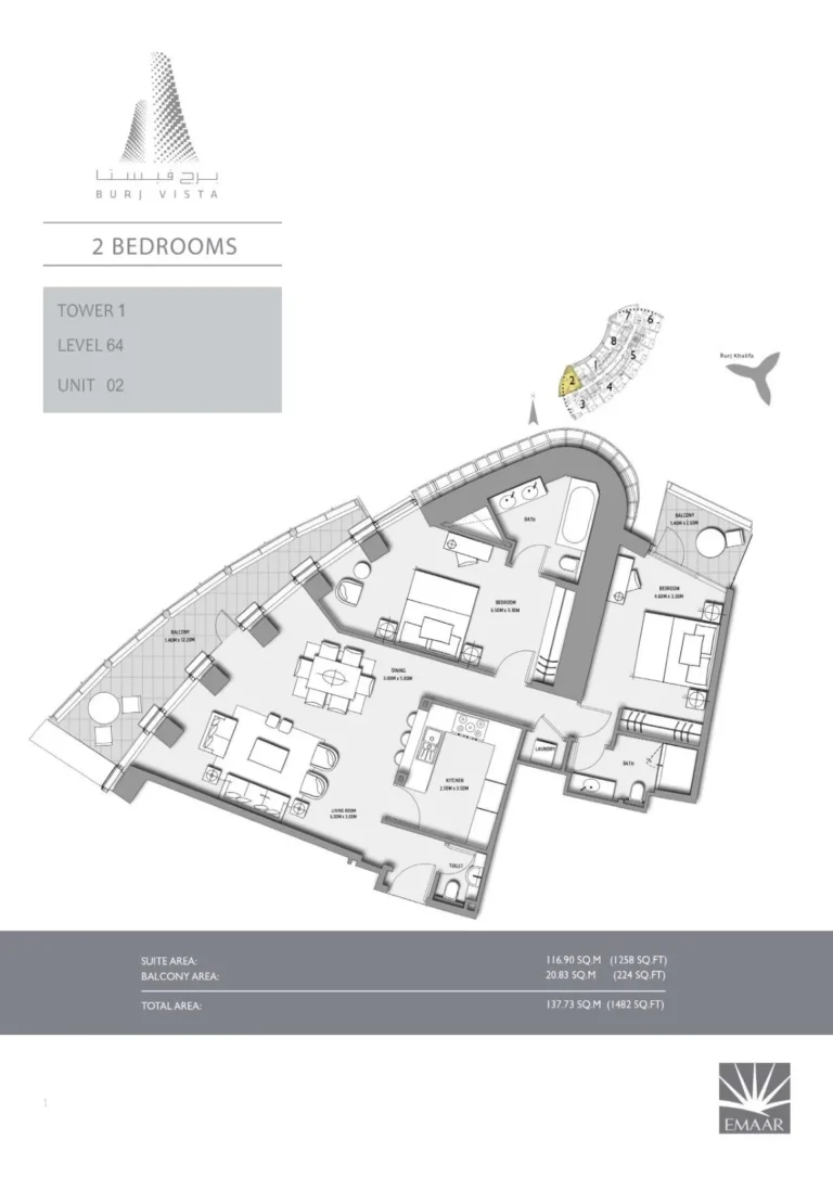 Burj Vista floor plan 2 BR · 1482 sqft