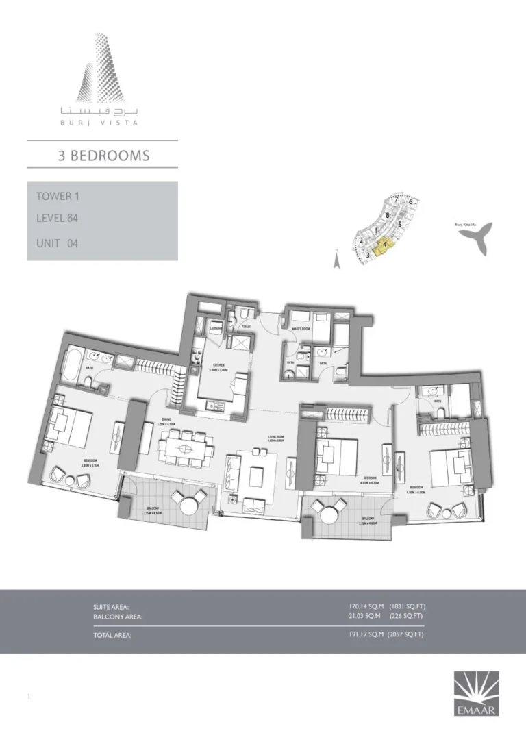 Burj Vista floor plan 3 BR · 2057 sqft