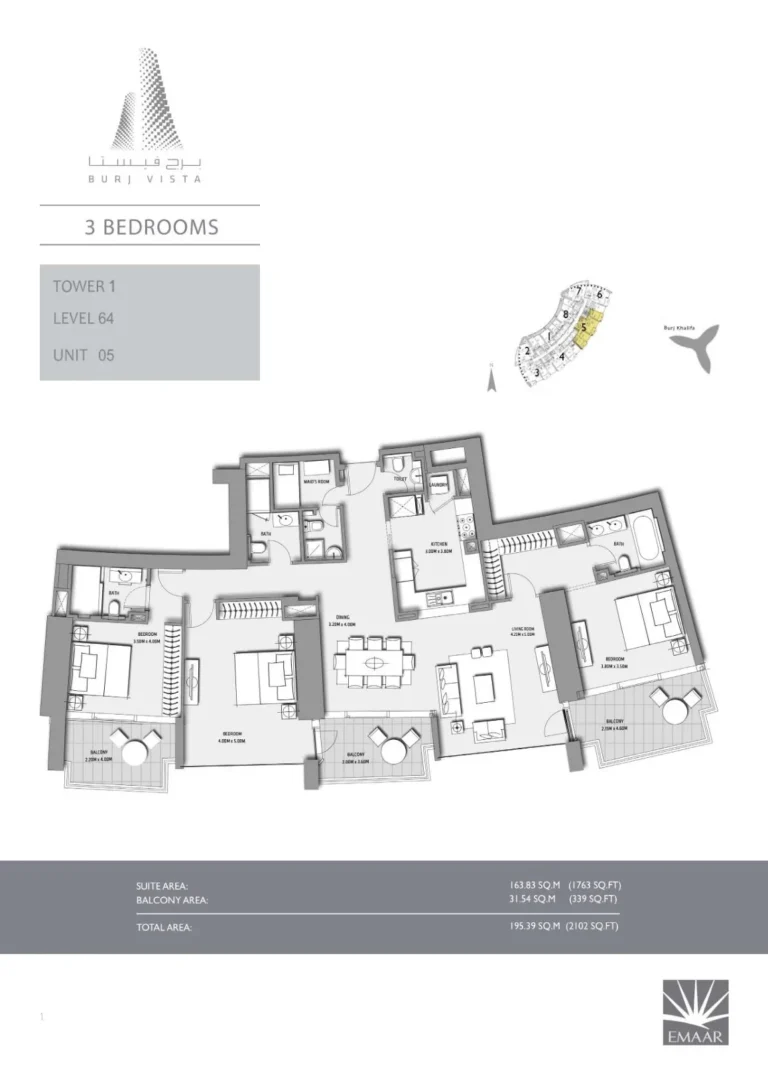 Burj Vista floor plan 3 BR · 2102 sqft