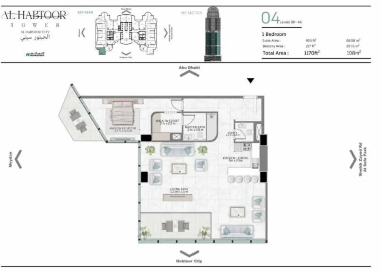 Al Habtoor City Tower floor plan 1 BR · 1170 sqft
