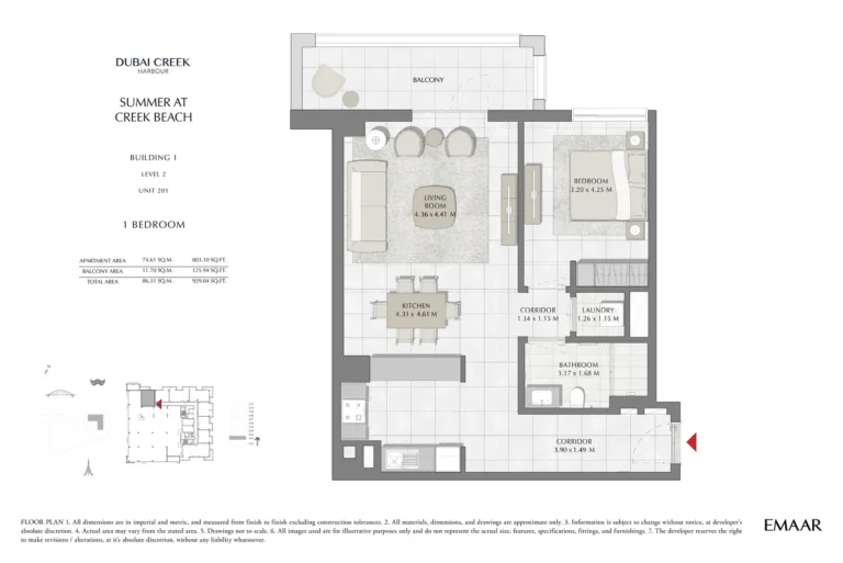 Summer at Creek Beach floor plan 1-спальн. · 929 sqft
