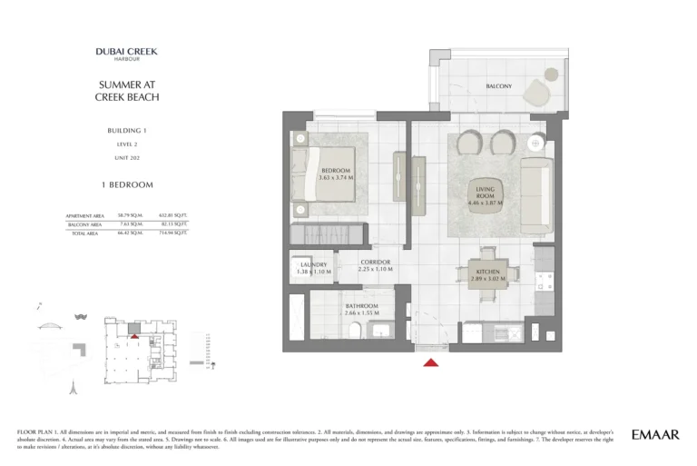 Summer at Creek Beach floor plan 1-спальн. · 714 sqft