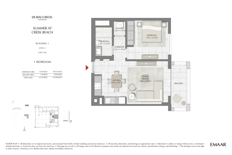 Summer at Creek Beach floor plan 1-спальн. · 674 sqft
