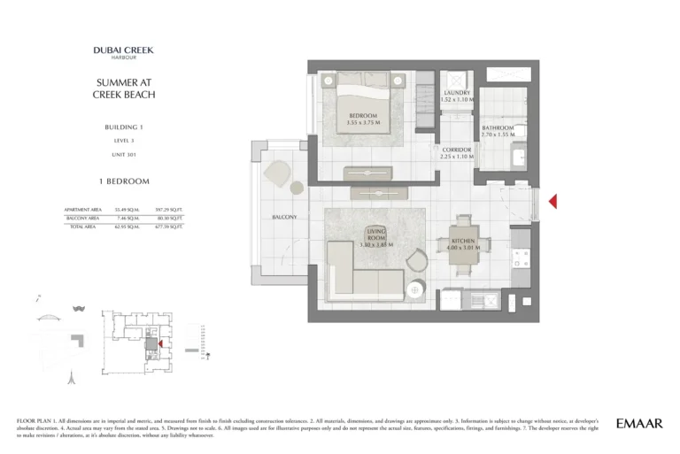 Summer at Creek Beach floor plan 1-спальн. · 677 sqft