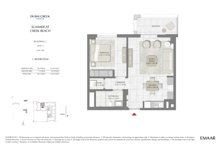 Summer at Creek Beach floor plan 1-спальн. · 715 sqft