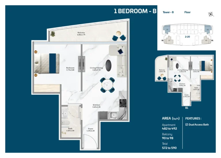 Serene Gardens floor plan 1-спальн. · 572 sqft