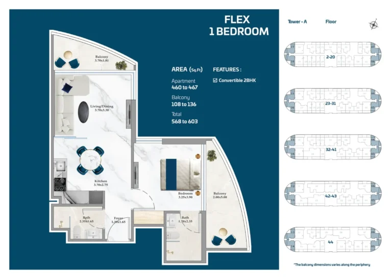 Serene Gardens floor plan 1-спальн. · 568 sqft