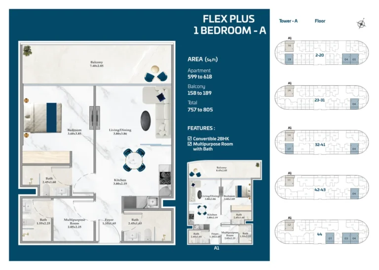 Serene Gardens floor plan 1-спальн. · 757 sqft