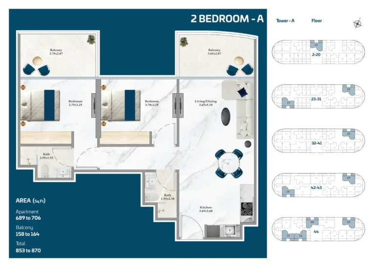 Serene Gardens floor plan 2-спальн. · 853 sqft