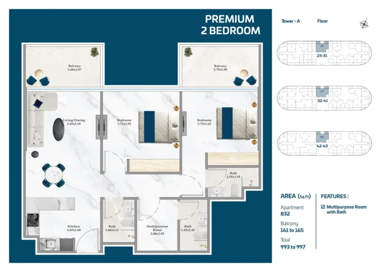 Serene Gardens floor plan 2-спальн. · 993 sqft