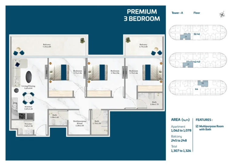 Serene Gardens floor plan 3-спальн. · 1307 sqft
