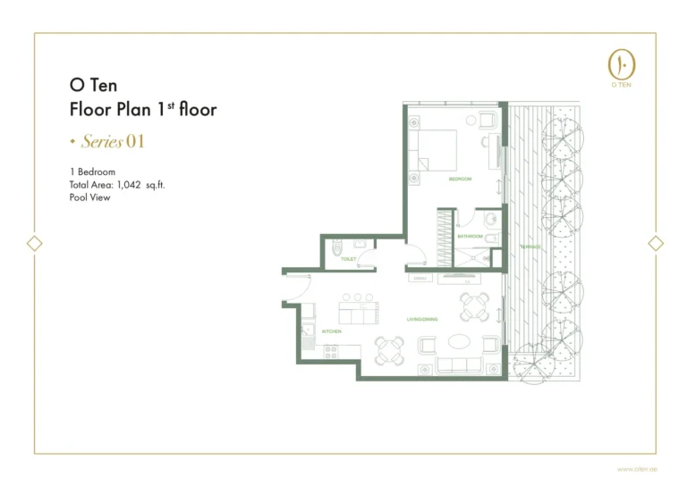 O Ten floor plan 1-спальн. · 1042 sqft