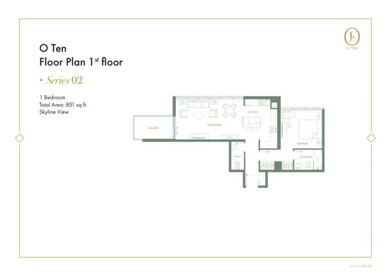 O Ten floor plan 1-спальн. · 851 sqft