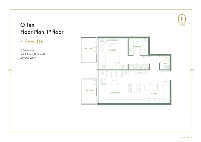 O Ten floor plan 1-спальн. · 839 sqft