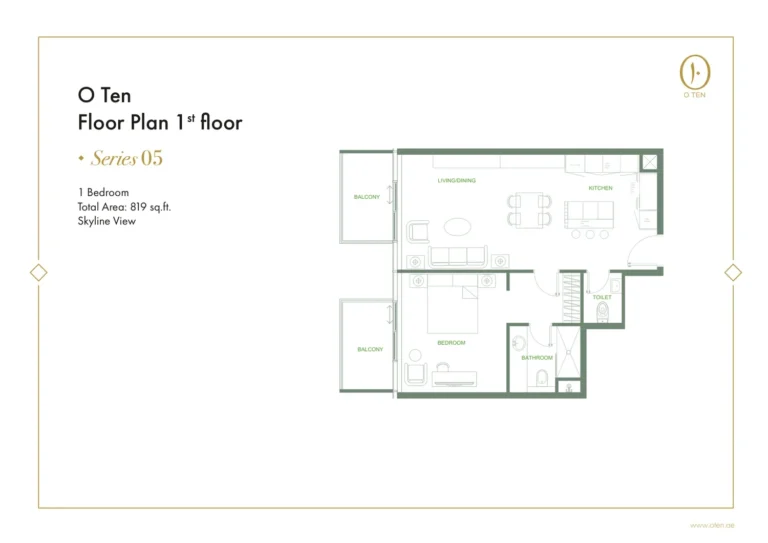 O Ten floor plan 1-спальн. · 819 sqft