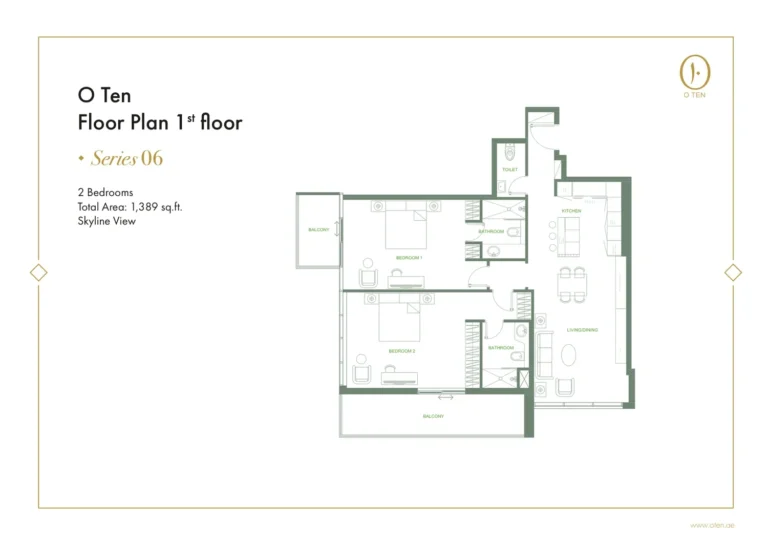 O Ten floor plan 2-спальн. · 1389 sqft