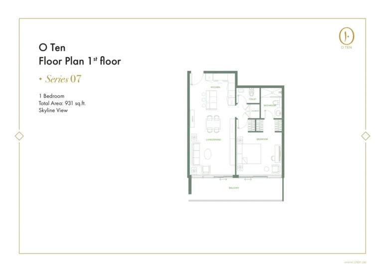 O Ten floor plan 1-спальн. · 931 sqft