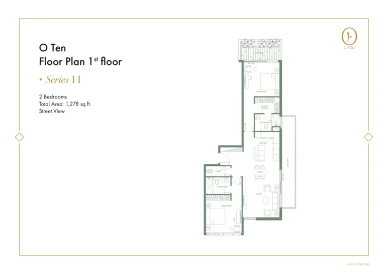 O Ten floor plan 2-спальн. · 1278 sqft