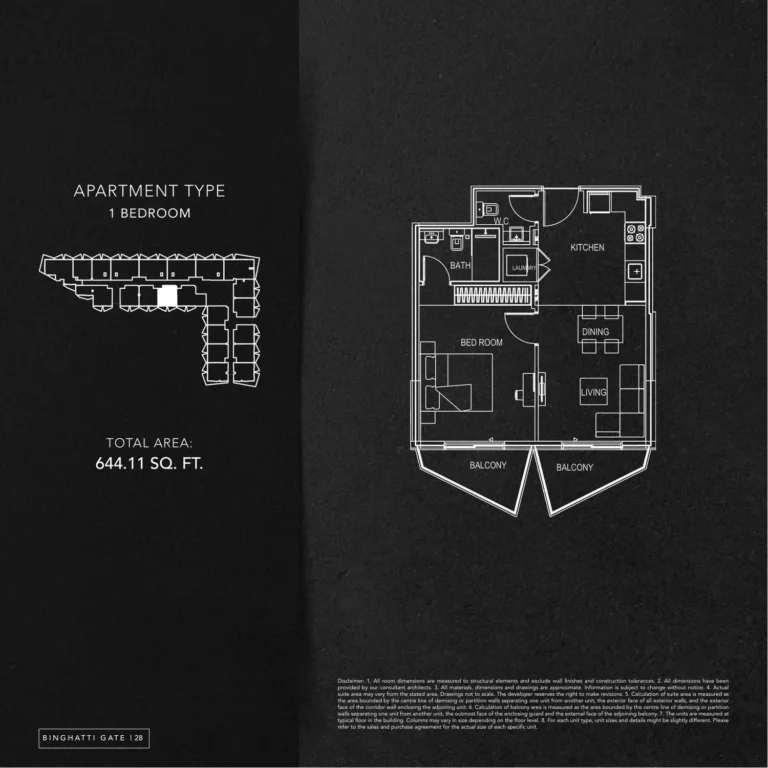 Binghatti Gate floor plan 1-спальн. · 644 sqft