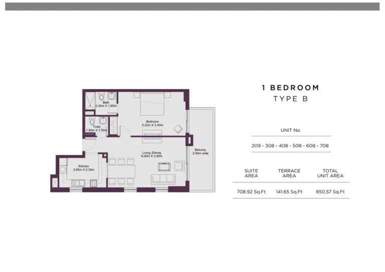 Dune Residency floor plan 1 BR · 850 sqft