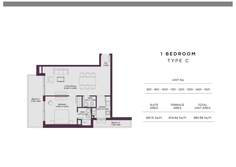 Dune Residency floor plan 1 BR · 885 sqft