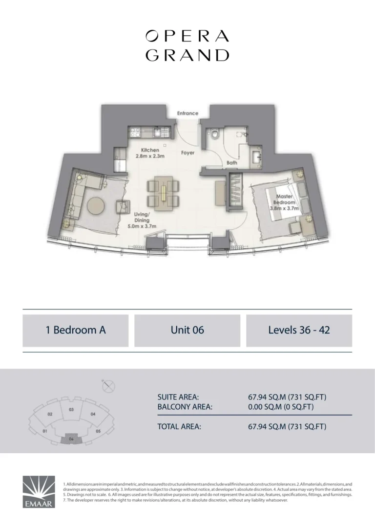 Opera Grand floor plan 1 BR · 731 sqft