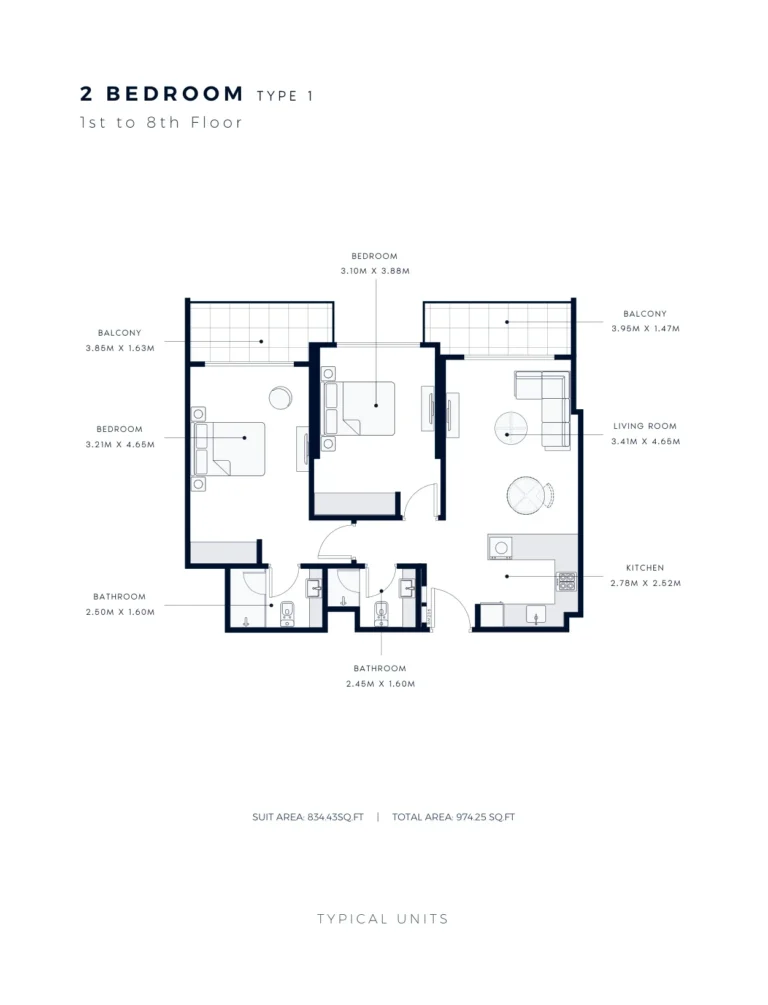 Azizi Amber floor plan 2 BR · 974 sqft