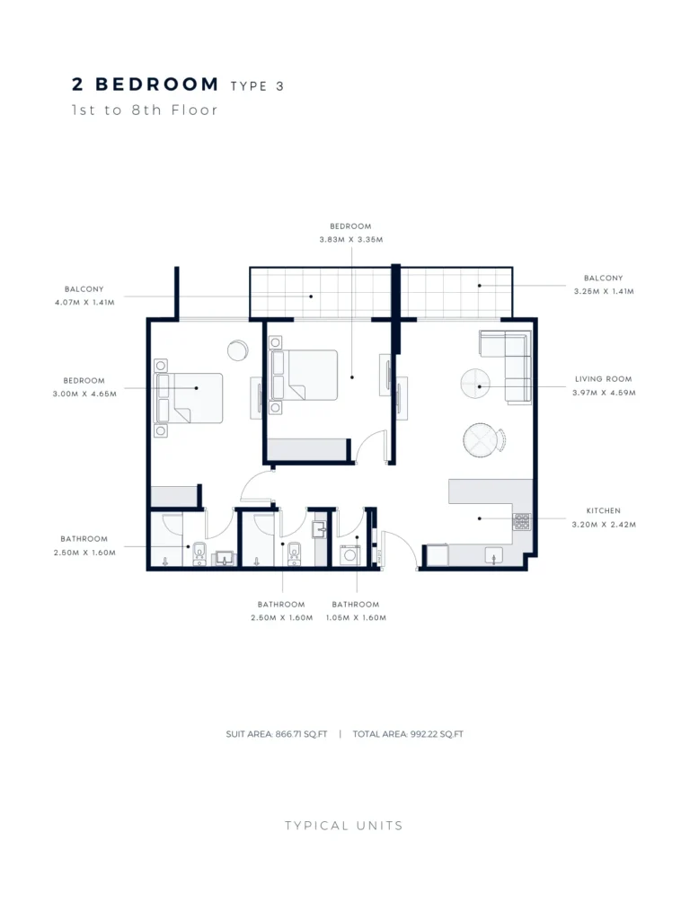 Azizi Amber floor plan 2 BR · 992 sqft
