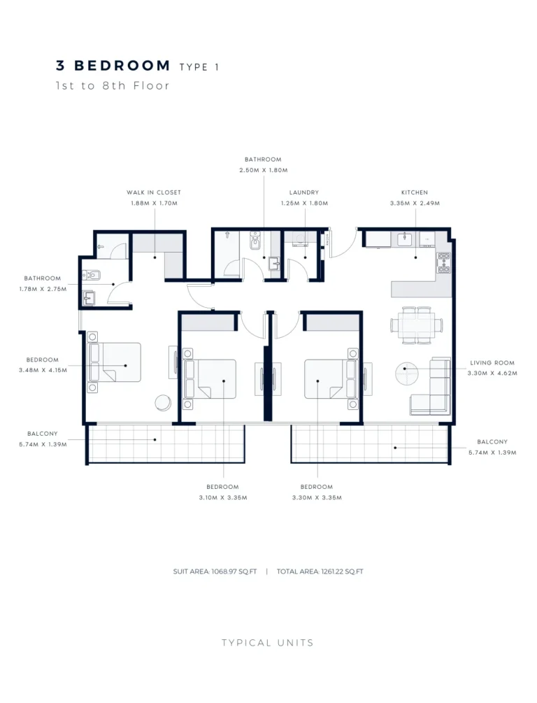 Azizi Amber floor plan 3 BR · 1261 sqft