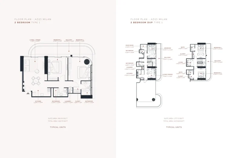 Azizi Milan 20 floor plan 2 BR · 1151 sqft