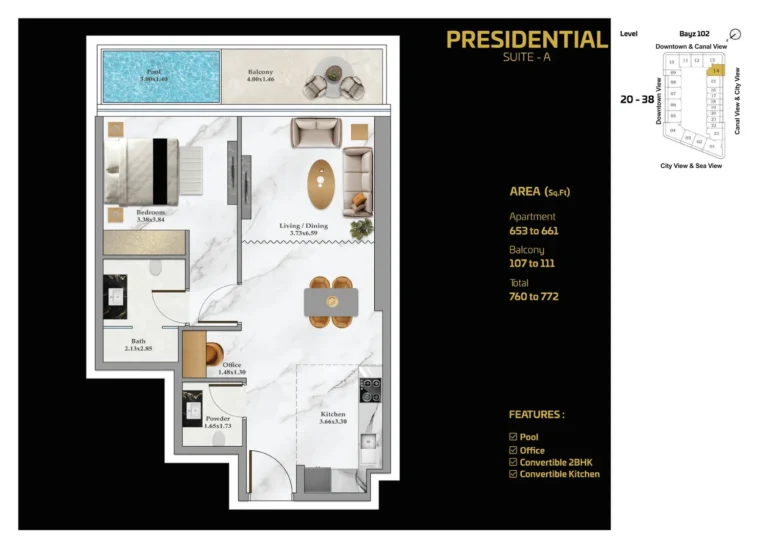 Bayz 102 by Danube floor plan 1-спальн. · 760 sqft