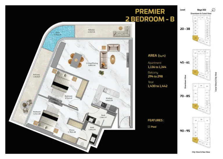 Bayz 102 by Danube floor plan 2-спальн. · 1430 sqft