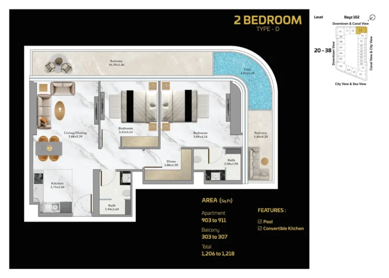 Bayz 102 by Danube floor plan 2-спальн. · 1206 sqft