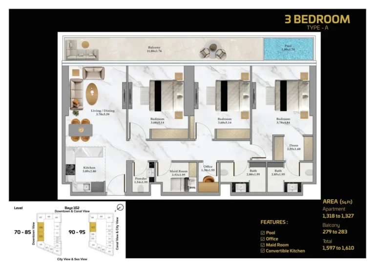 Bayz 102 by Danube floor plan 3-спальн. · 1597 sqft