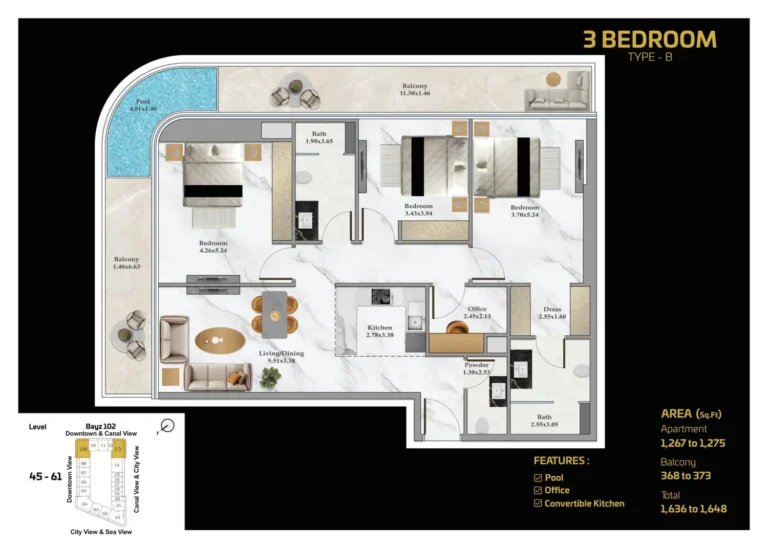 Bayz 102 by Danube floor plan 3-спальн. · 1636 sqft