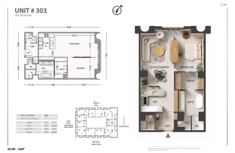 Elire Tower floor plan 1-спальн. · 850 sqft