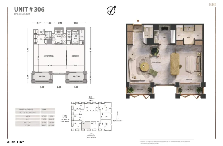 Elire Tower floor plan 1-спальн. · 918 sqft