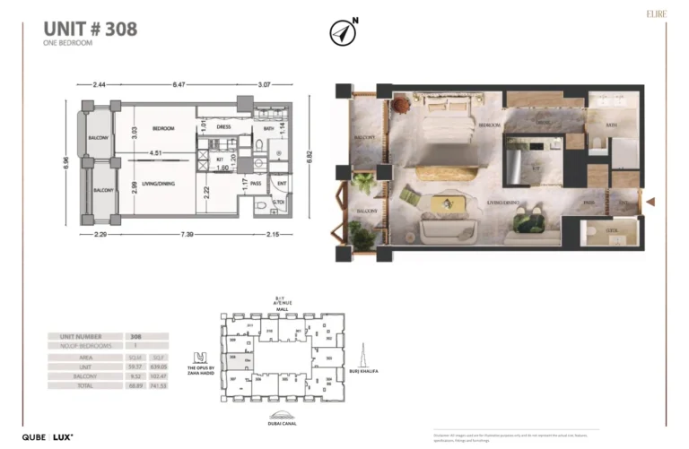 Elire Tower floor plan 1-спальн. · 741 sqft