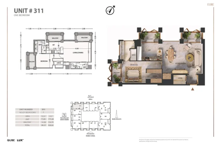 Elire Tower floor plan 1-спальн. · 928 sqft