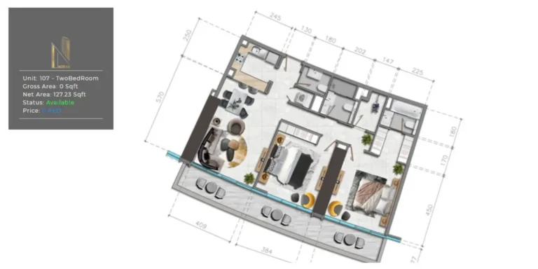 Nobles Residential Tower floor plan 2 BR · 127 sqft