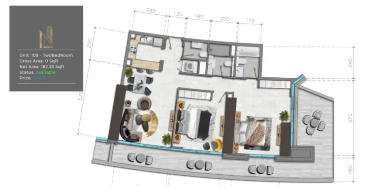 Nobles Residential Tower floor plan 2 BR · 182 sqft