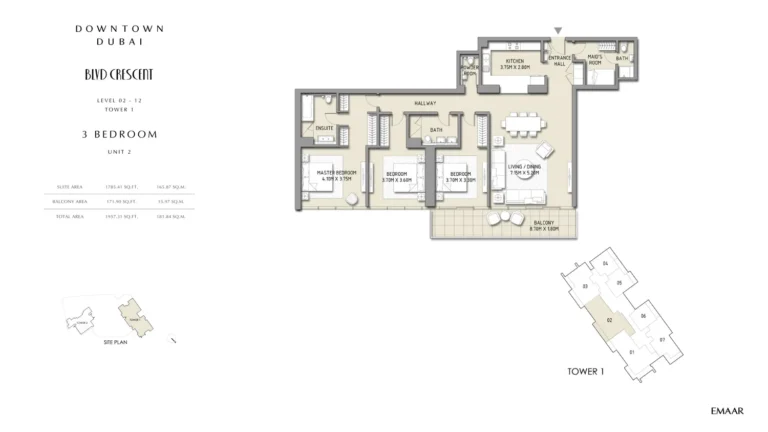 BLVD Crescent floor plan 3-спальн. · 1957 sqft