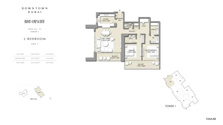 BLVD Crescent floor plan 2-спальн. · 1624 sqft