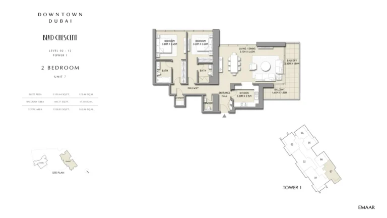 BLVD Crescent floor plan 2-спальн. · 1538 sqft