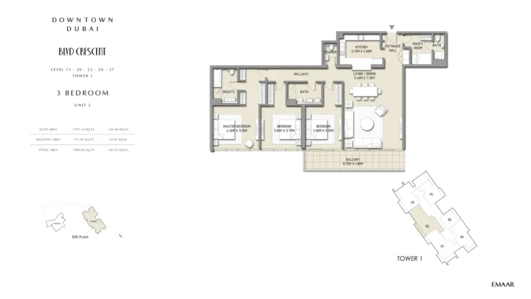 BLVD Crescent floor plan 3-спальн. · 1969 sqft
