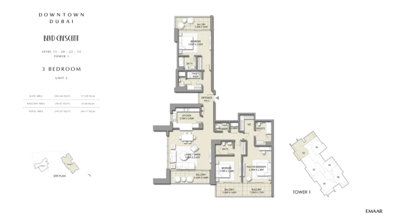 BLVD Crescent floor plan 3-спальн. · 2197 sqft